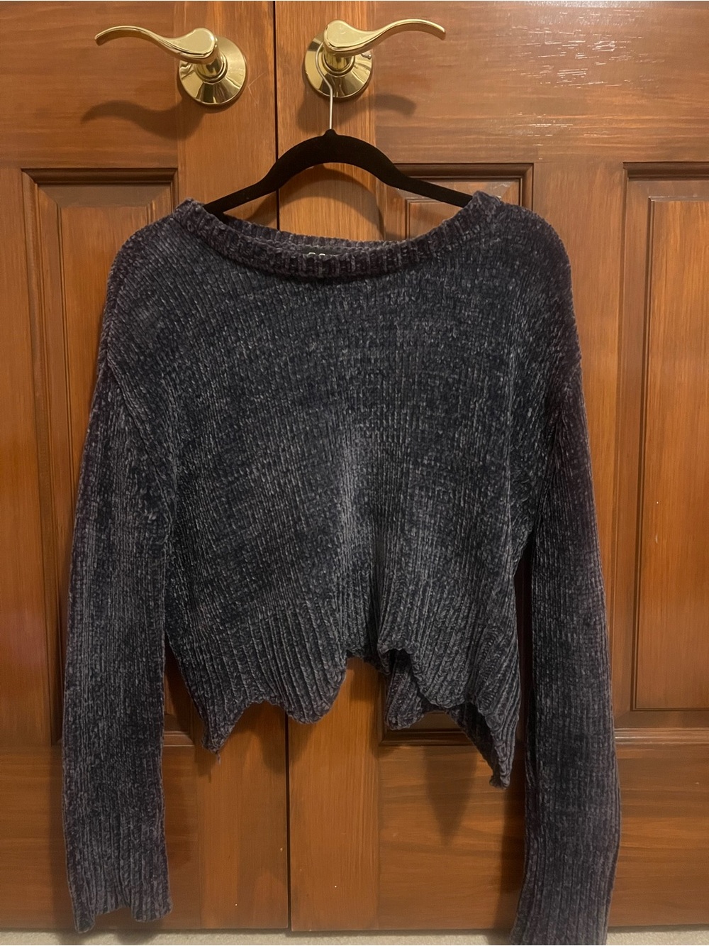 Poof! Dark Gray Chenille Cropped Crewneck Sweater